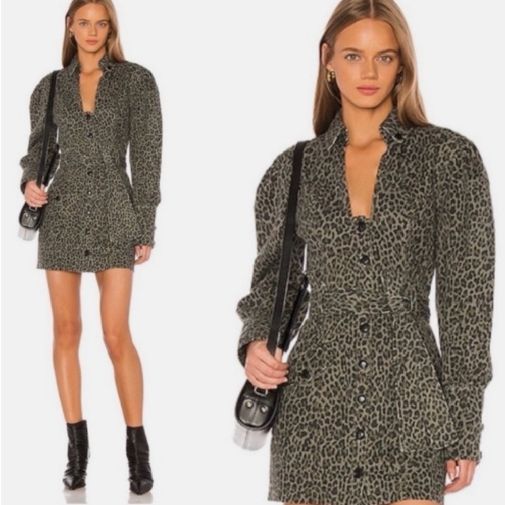 Marissa Webb Mera Leopard Canvas Denim Green Dress Sz 8 animal print shirtdress